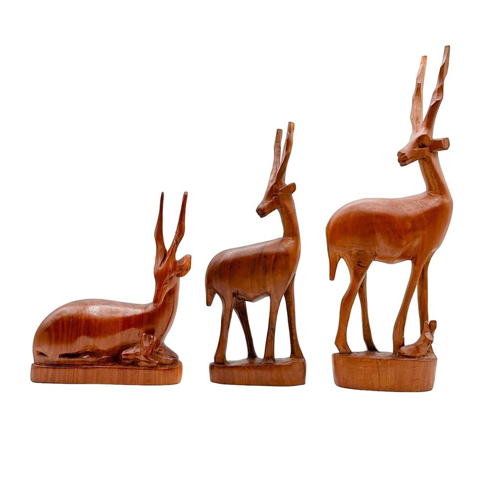 Hand Carved Kenyan Teak Antelope Gazelle Deer Mid Century Wooden Figurines (3)